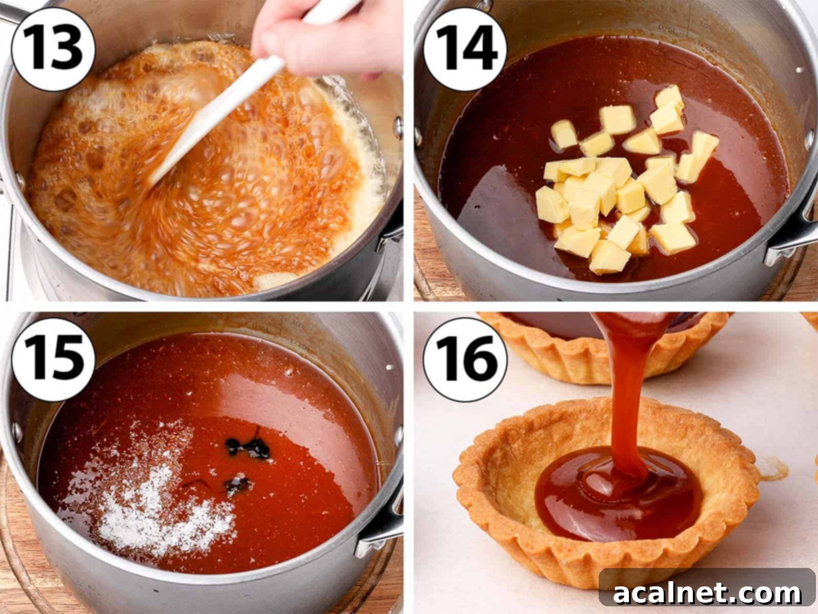 Process Shot Collage: mixing in the cream, butter, salt and vanilla, then pouring the caramel in tartlet shells.