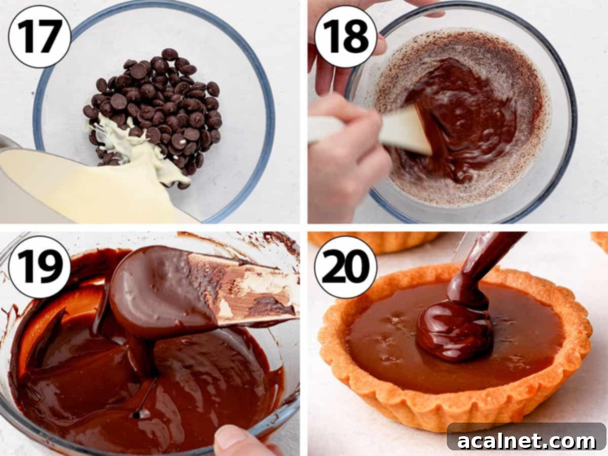 Process Shot Collage: making the ganache and piping it over the salted caramel.