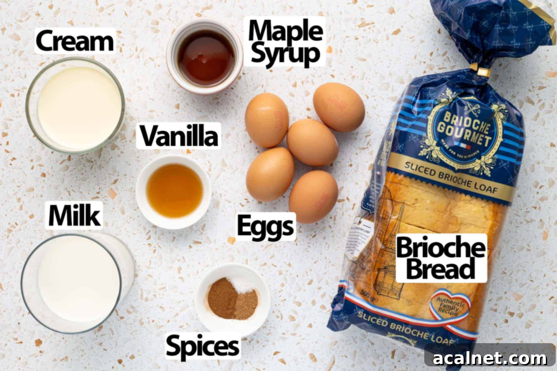 Brioche French Toast Bake 3 Fresh ingredients artfully arranged on a light surface, ready for making brioche French toast casserole.