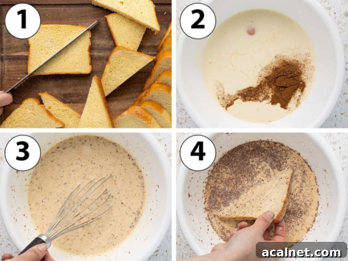Brioche French Toast Bake 4 Process Shot Collage: cutting the brioche into triangles, whisking the rich custard, and dipping the bread slices thoroughly.