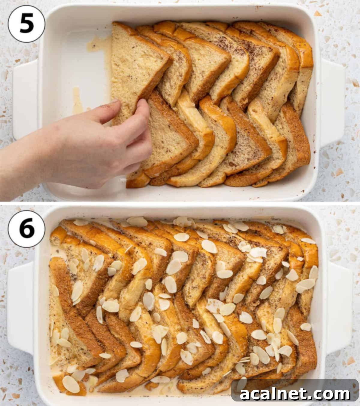 Brioche French Toast Bake 5 Process Shot Collage: neatly arranging the soaked brioche triangles in a casserole dish, then pouring remaining custard over them.