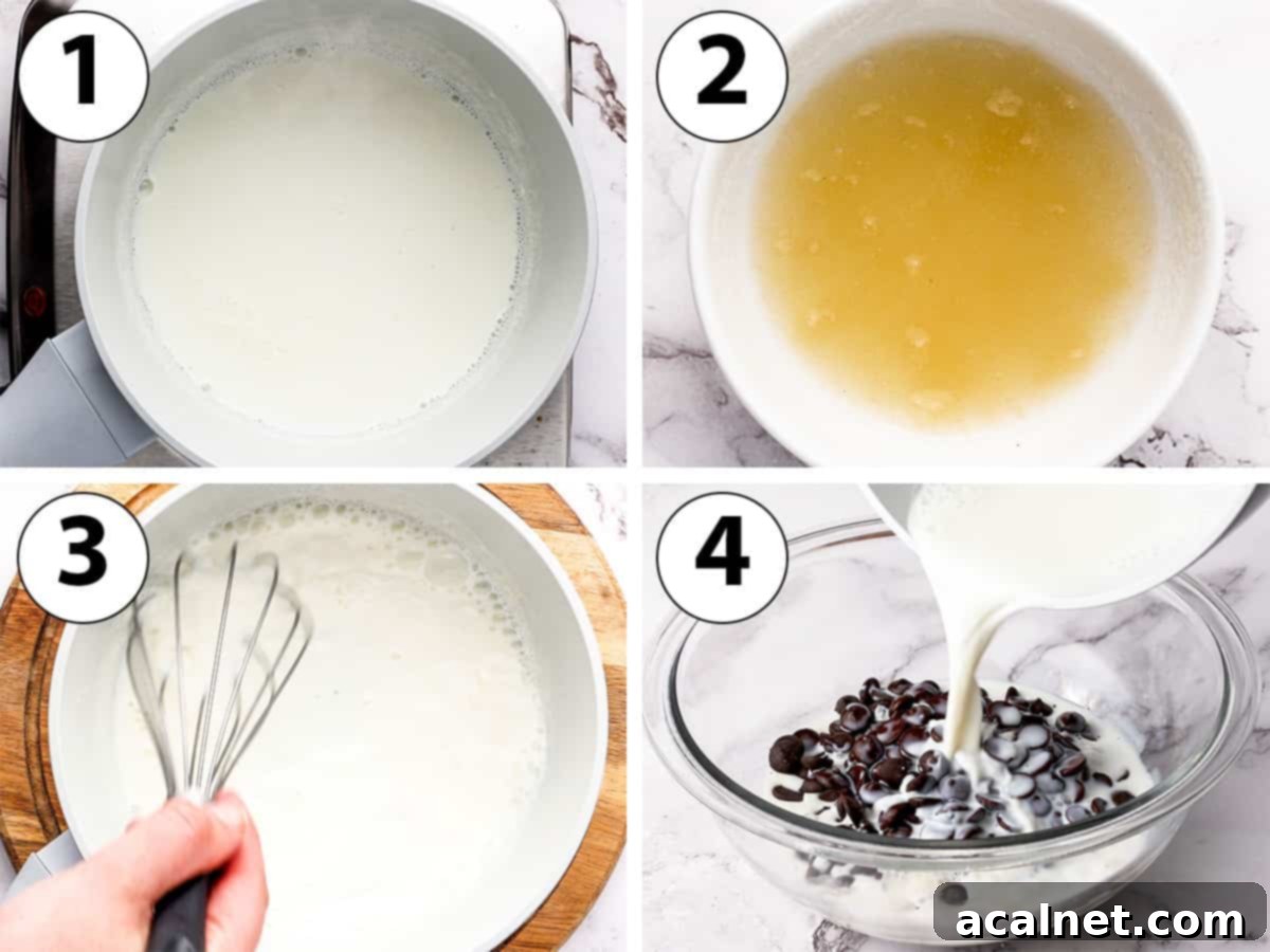 Process Shot Collage: mixing the hot milk and gelatin mixture and pouring it over the chocolate.