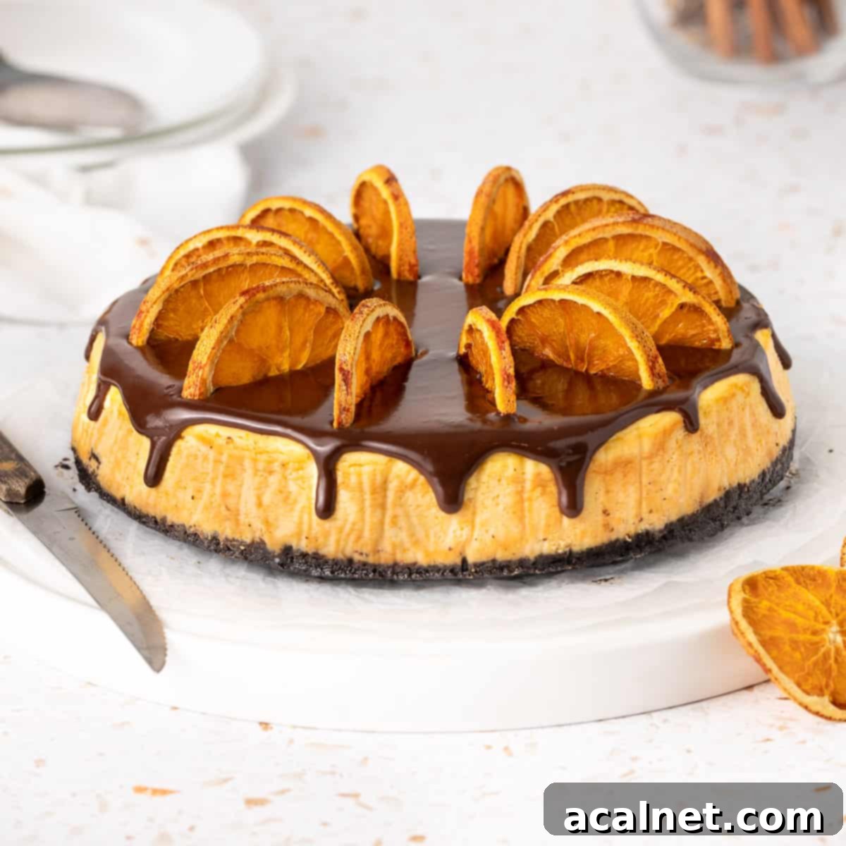 A beautifully finished Chocolate Orange Cheesecake displayed on a large white plate with white baking paper, ready to be served. The ganache glistens, and a hint of orange zest or a dehydrated orange slice sits atop, showcasing its dual flavors.