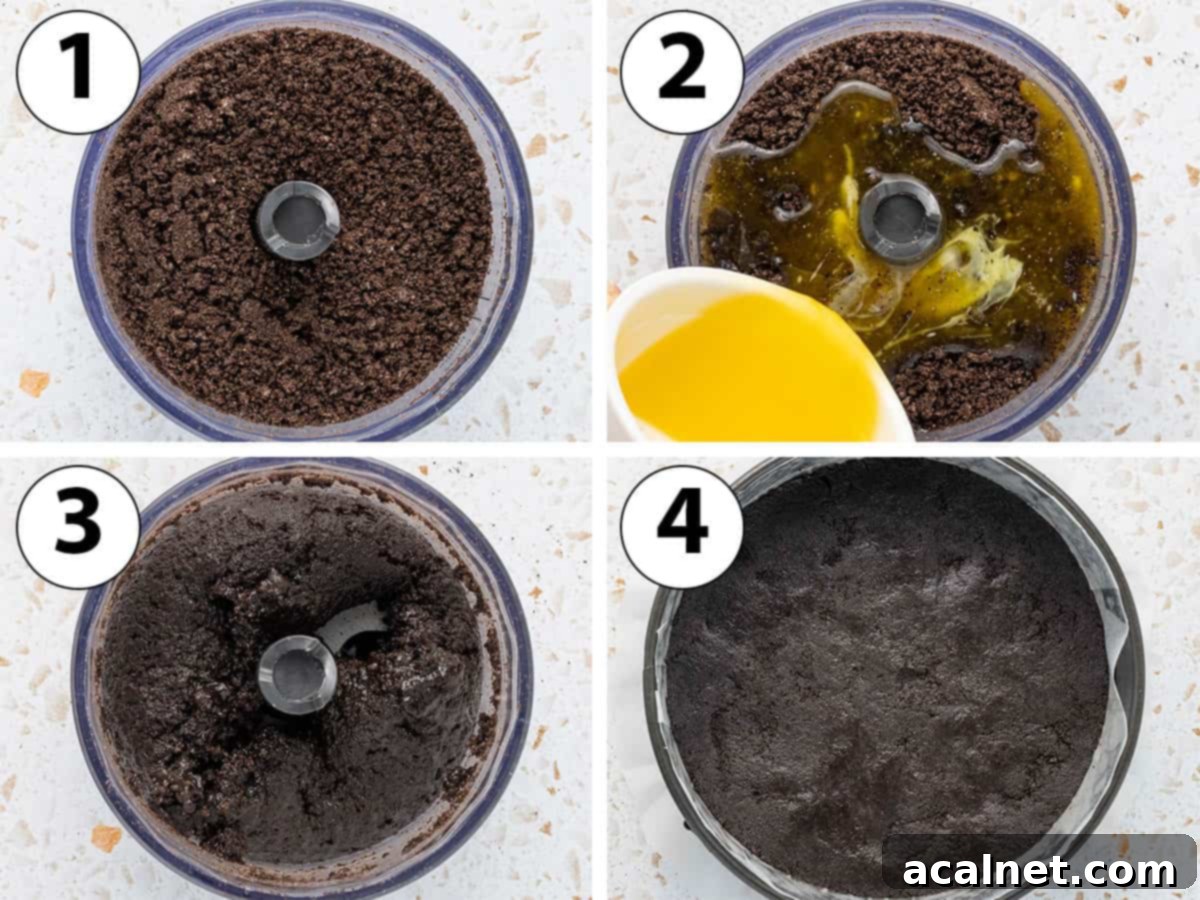 A process shot collage illustrating the steps to make the Oreo crust: first showing crushed Oreo cookies, then melted butter being added, followed by the mixture resembling wet sand, and finally, the crust being pressed into a springform pan.