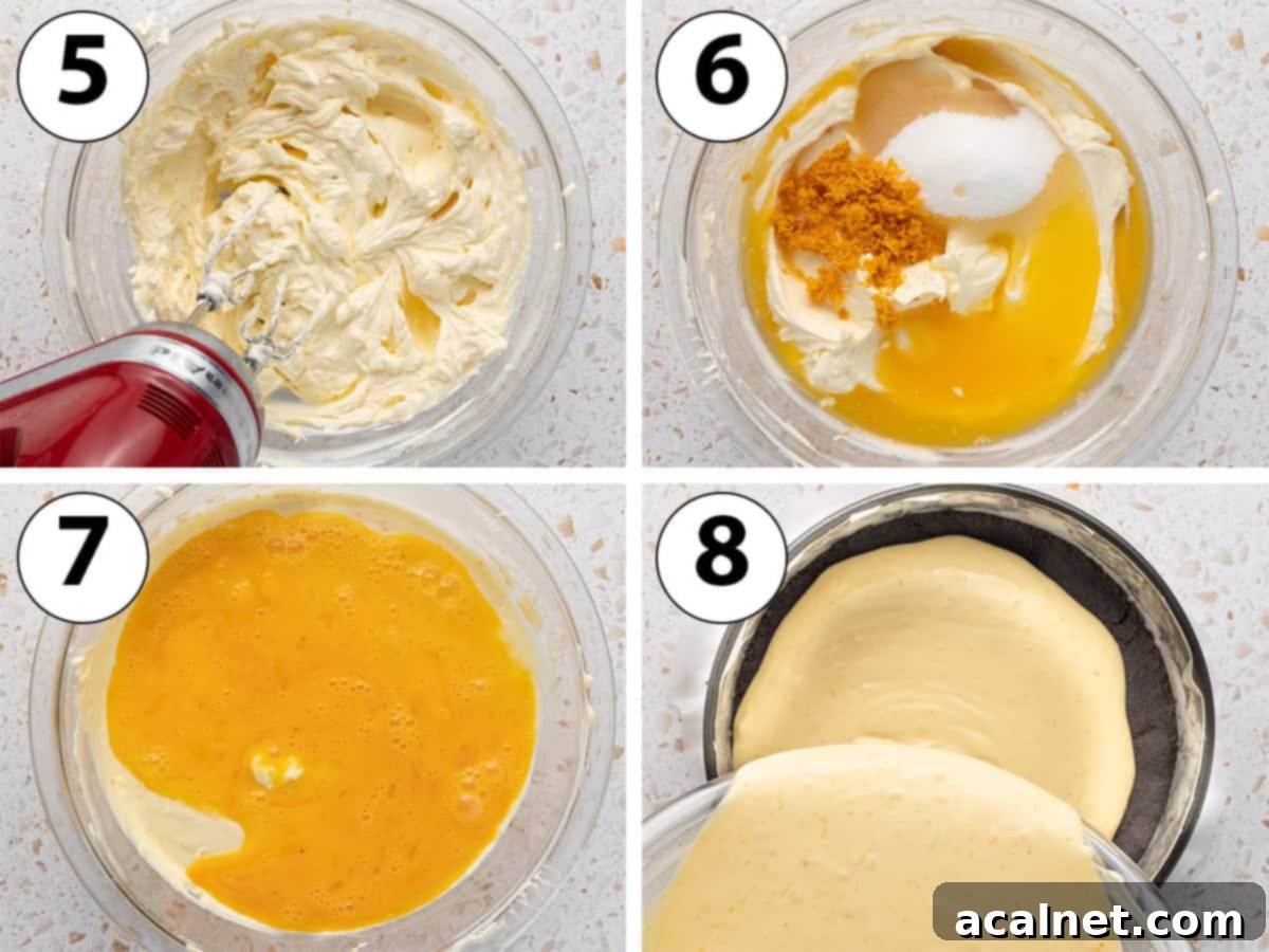 A process shot collage detailing the steps for mixing the orange cream cheese filling: showing cream cheese and sour cream being mixed, then sugar, orange zest, and juice added, followed by eggs, and finally the smooth mixture poured into the crust.