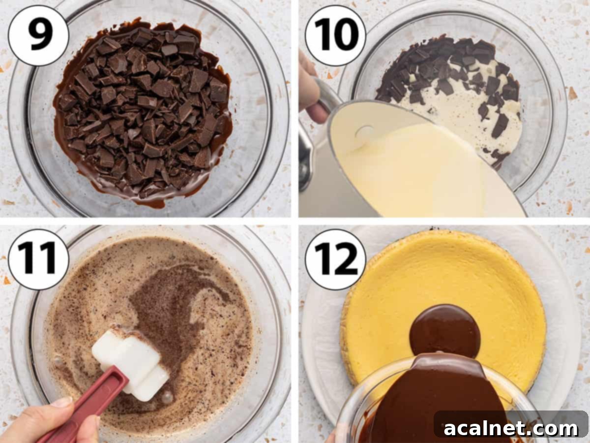 A process shot collage demonstrating how to make chocolate ganache topping: showing finely chopped dark chocolate in a bowl, cream and honey being heated in a saucepan, the hot cream poured over the chocolate, and finally, the smooth, shiny ganache being stirred.