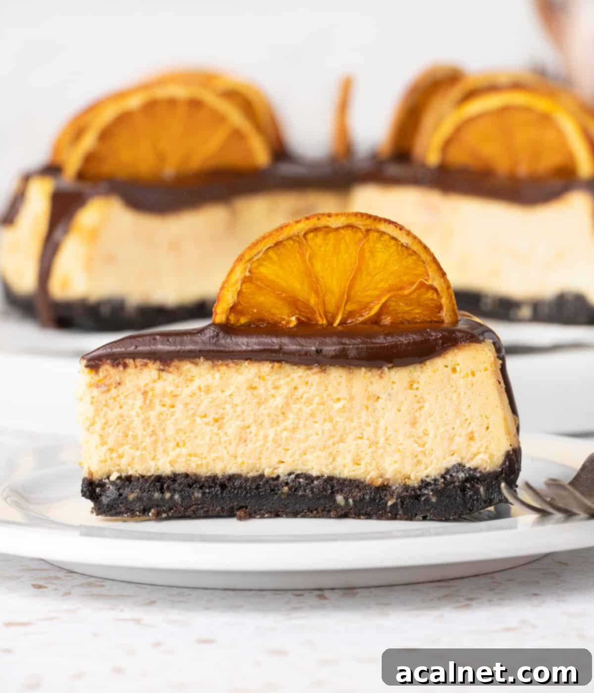 A single, perfectly cut slice of chocolate orange cheesecake rests on a small white plate, with the remainder of the cheesecake in the background, showing off its beautiful layers and ganache drip.