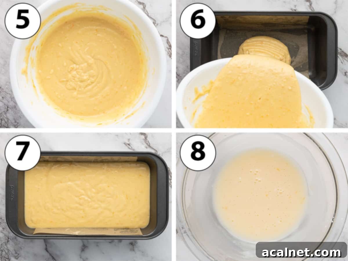 Process Shot Collage:mixing in the flour, pouring into the loaf pan and preparing the icing.