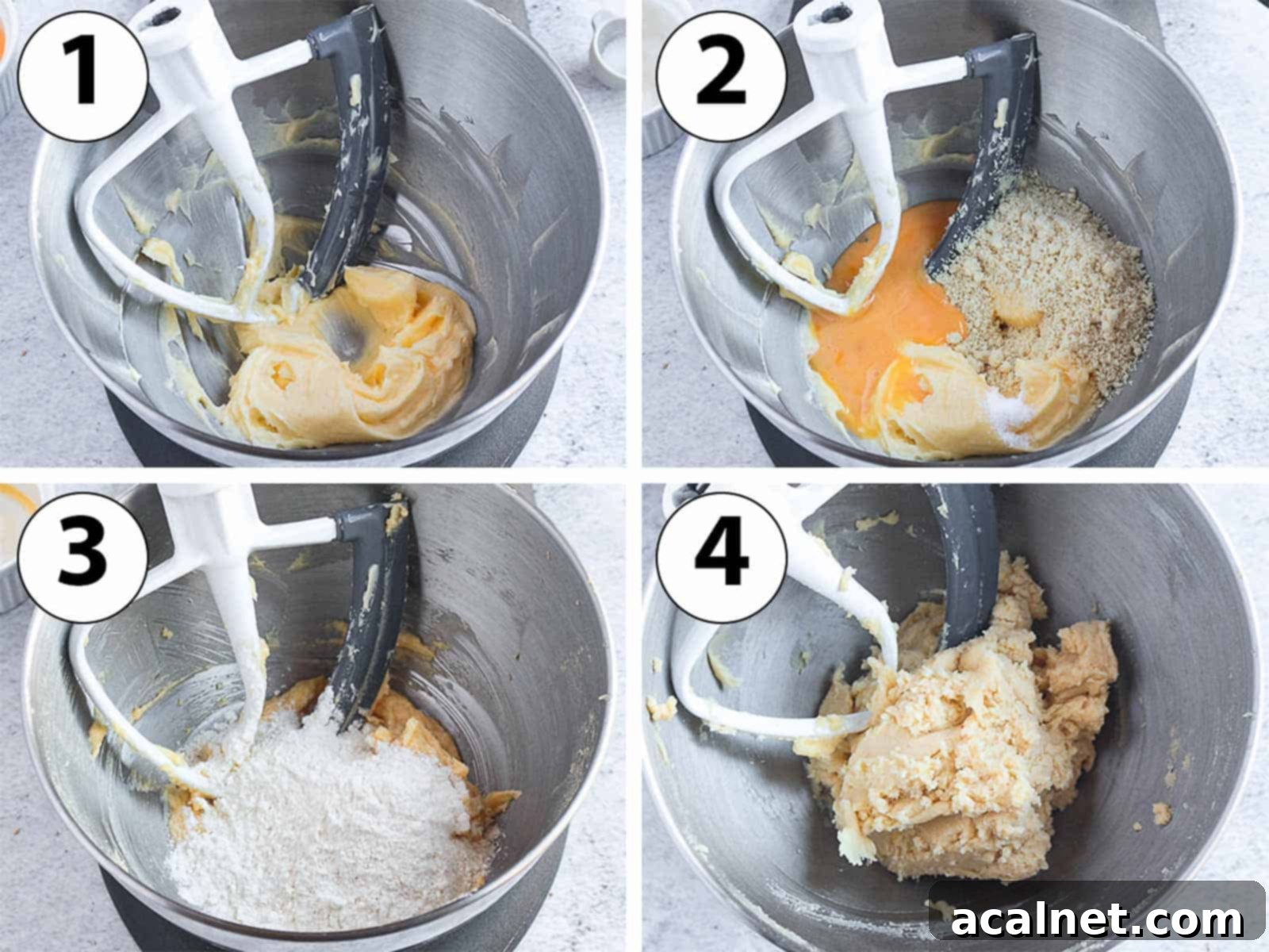 Elegant Apple Frangipane Tart 4 A four-panel collage showing the process of mixing Sweet Shortcrust Pastry ingredients in a stand mixer, from creaming butter and sugar to incorporating flour, resulting in a rough dough.