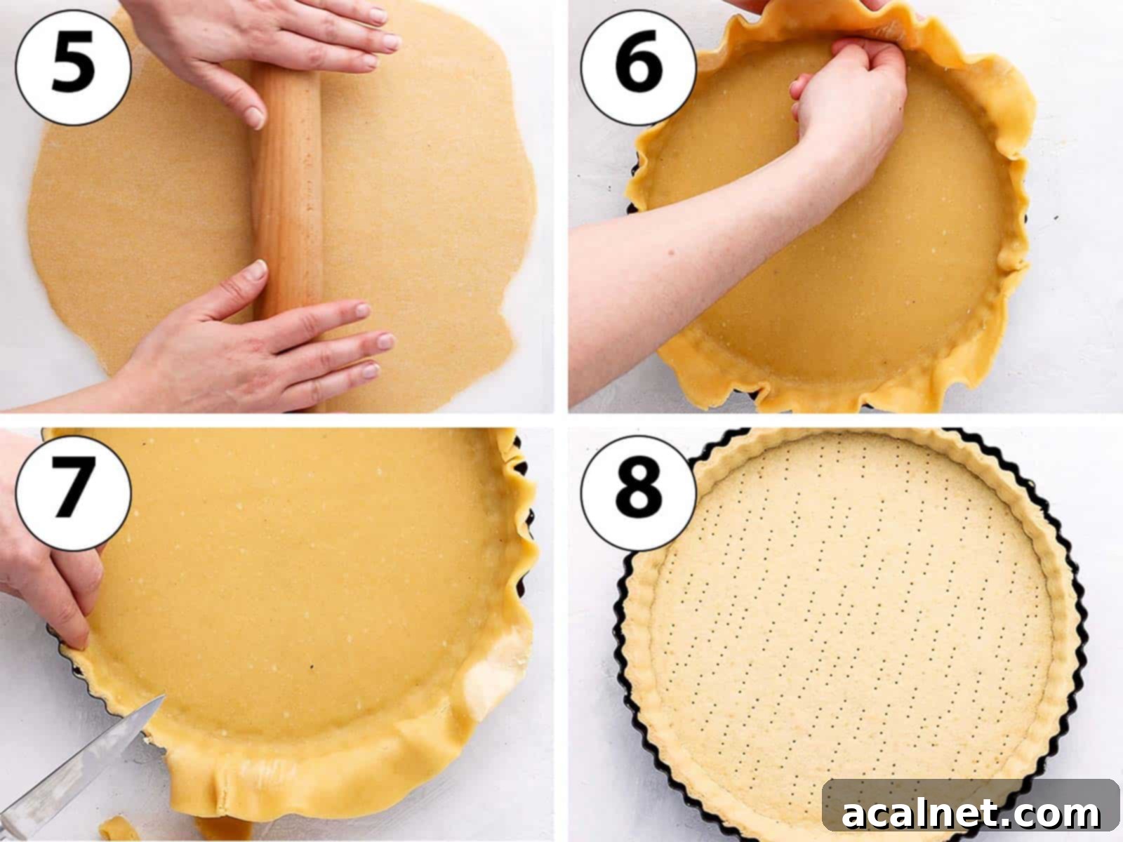 Elegant Apple Frangipane Tart 5 A four-panel collage illustrating the process of preparing a tart crust, including rolling the dough between parchment paper, lining a tart pan, trimming excess, and docking the pastry with a fork.