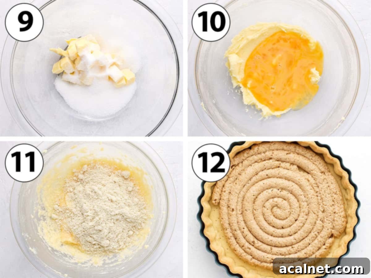 Elegant Apple Frangipane Tart 6 A four-panel collage showing the process of making almond cream filling, from creaming butter and sugar, adding eggs, mixing in almond meal and cinnamon, to piping the finished cream into a par-baked tart crust.