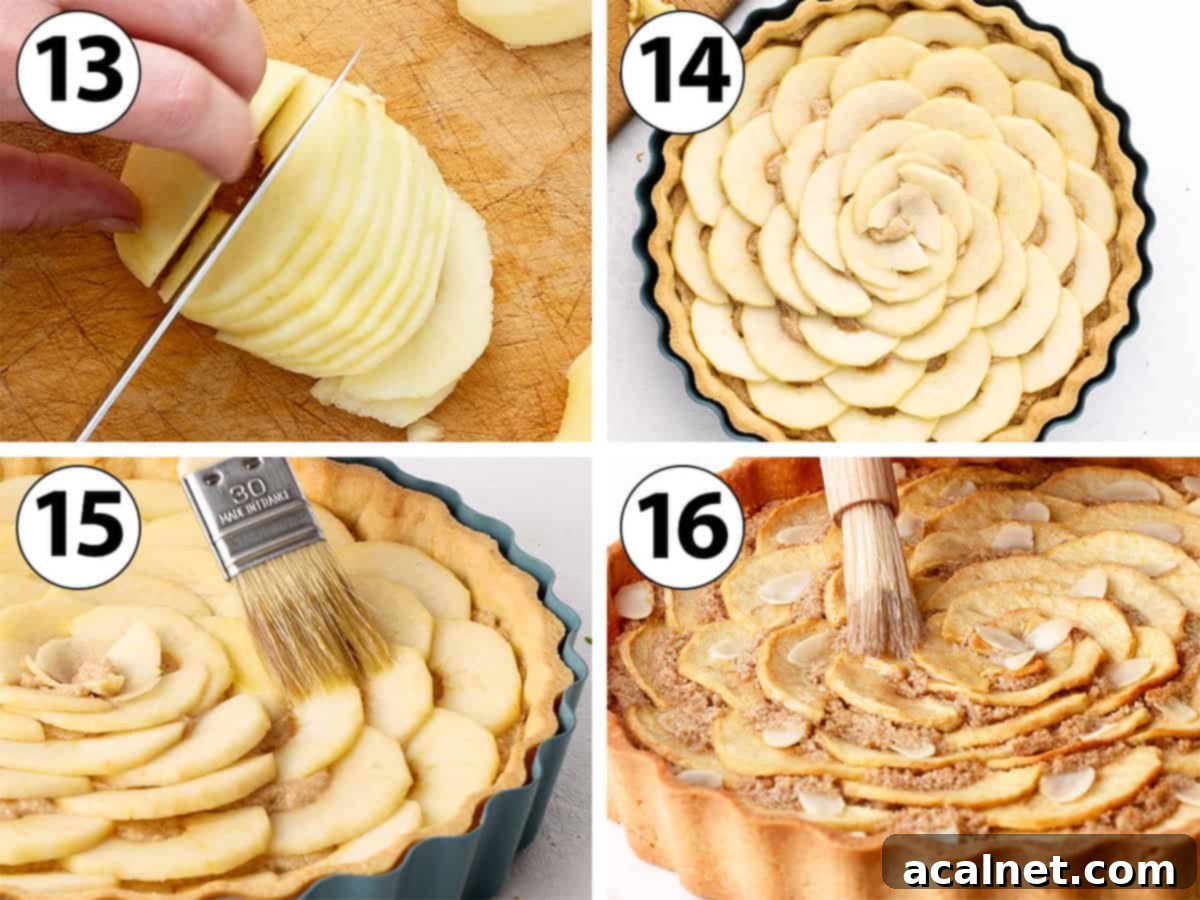 Elegant Apple Frangipane Tart 7 A four-panel collage showing the process of preparing apples for a tart, including slicing, arranging them in a rose pattern over almond cream, and brushing them with melted butter before baking.