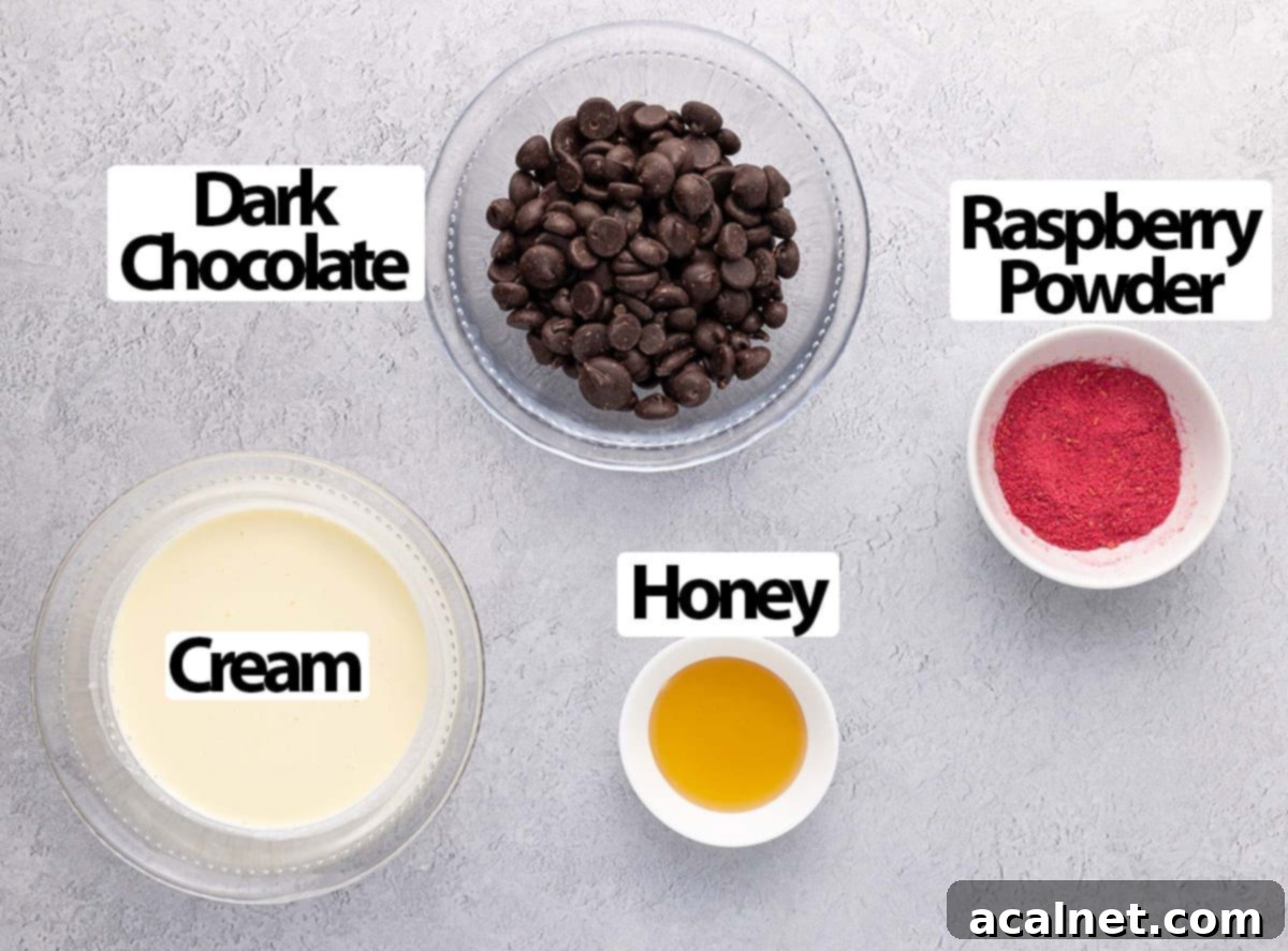 Four simple ingredients for raspberry truffles: dark chocolate, heavy cream, honey, and raspberry powder, neatly arranged on a light grey surface.