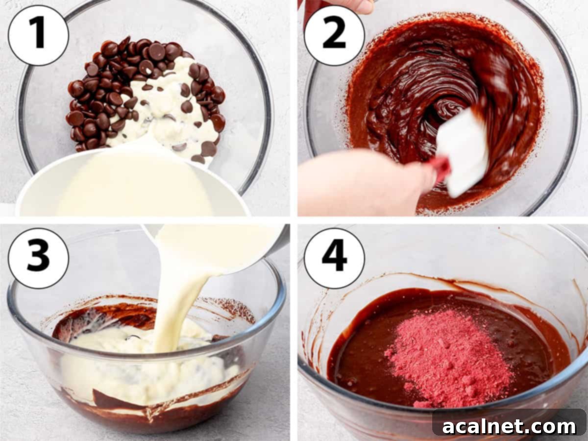 Process Shot Collage: step-by-step photos showing how to make the ganache and mix in the raspberry powder for the truffle filling.