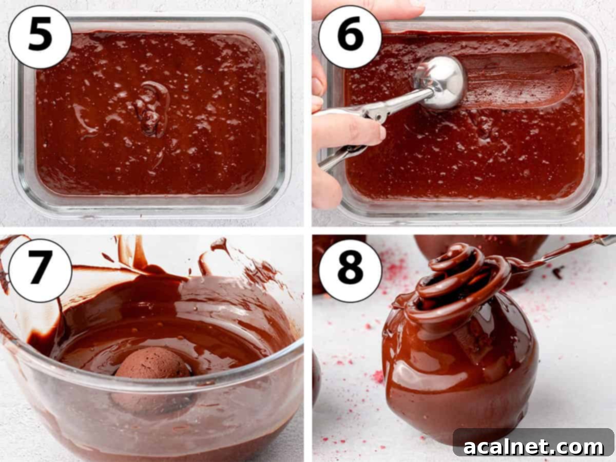 Process Shot Collage: step-by-step photos illustrating how to roll the chilled ganache into balls and then coat them in melted chocolate.