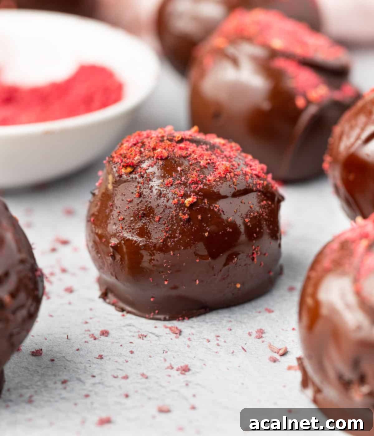 Close up on a single dark chocolate raspberry truffle, showcasing its rich coating and vibrant color.