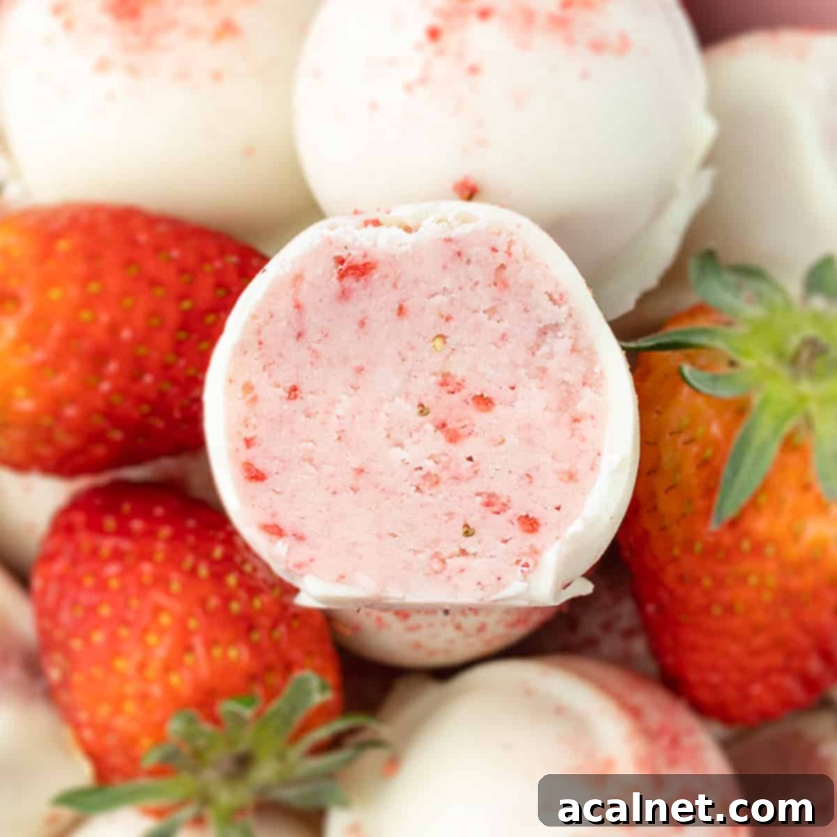 A perfectly halved White Chocolate Strawberry Truffle showcasing its vibrant pink interior, sitting gracefully on a bed of fresh strawberries with other whole truffles in the background.