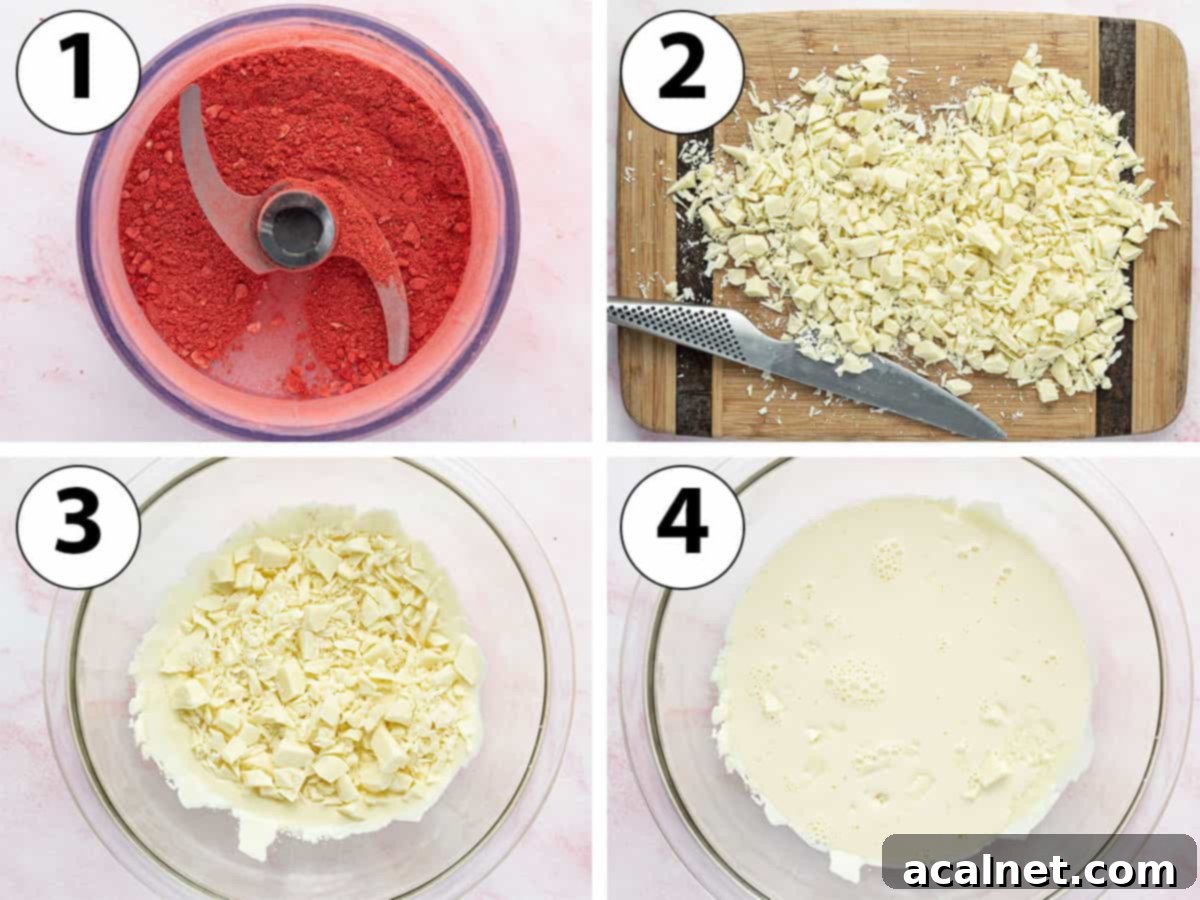 A collage of process shots showing freeze-dried strawberries being blended, white chocolate being chopped, and hot cream being poured over the chocolate for the ganache base.