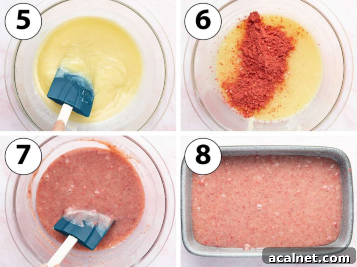 A collage of process shots showing the white chocolate ganache being stirred until smooth, then freeze-dried strawberry powder being added and incorporated.