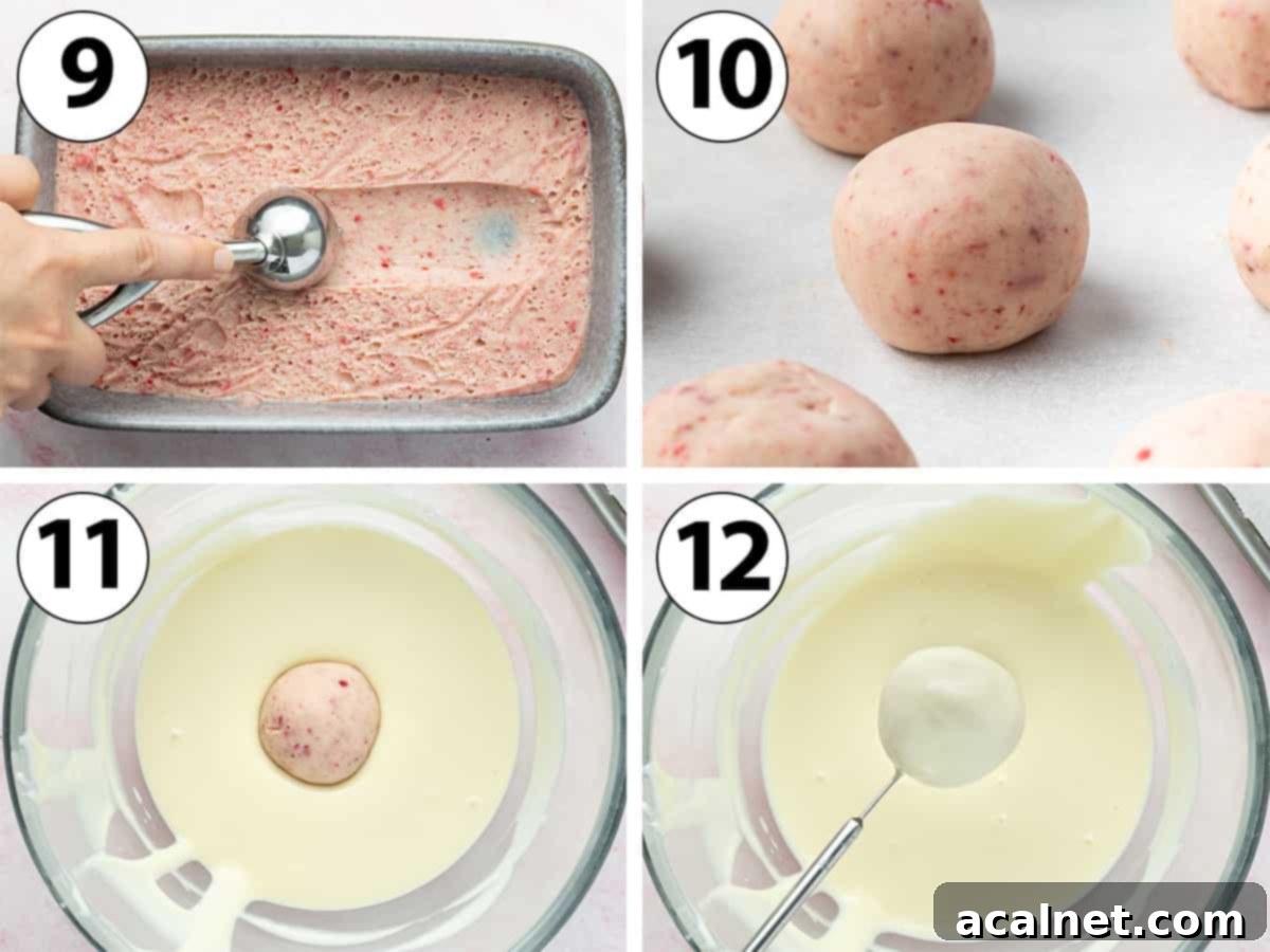 A collage of process shots showing the strawberry ganache being rolled into balls, then dipped into melted white chocolate for coating.