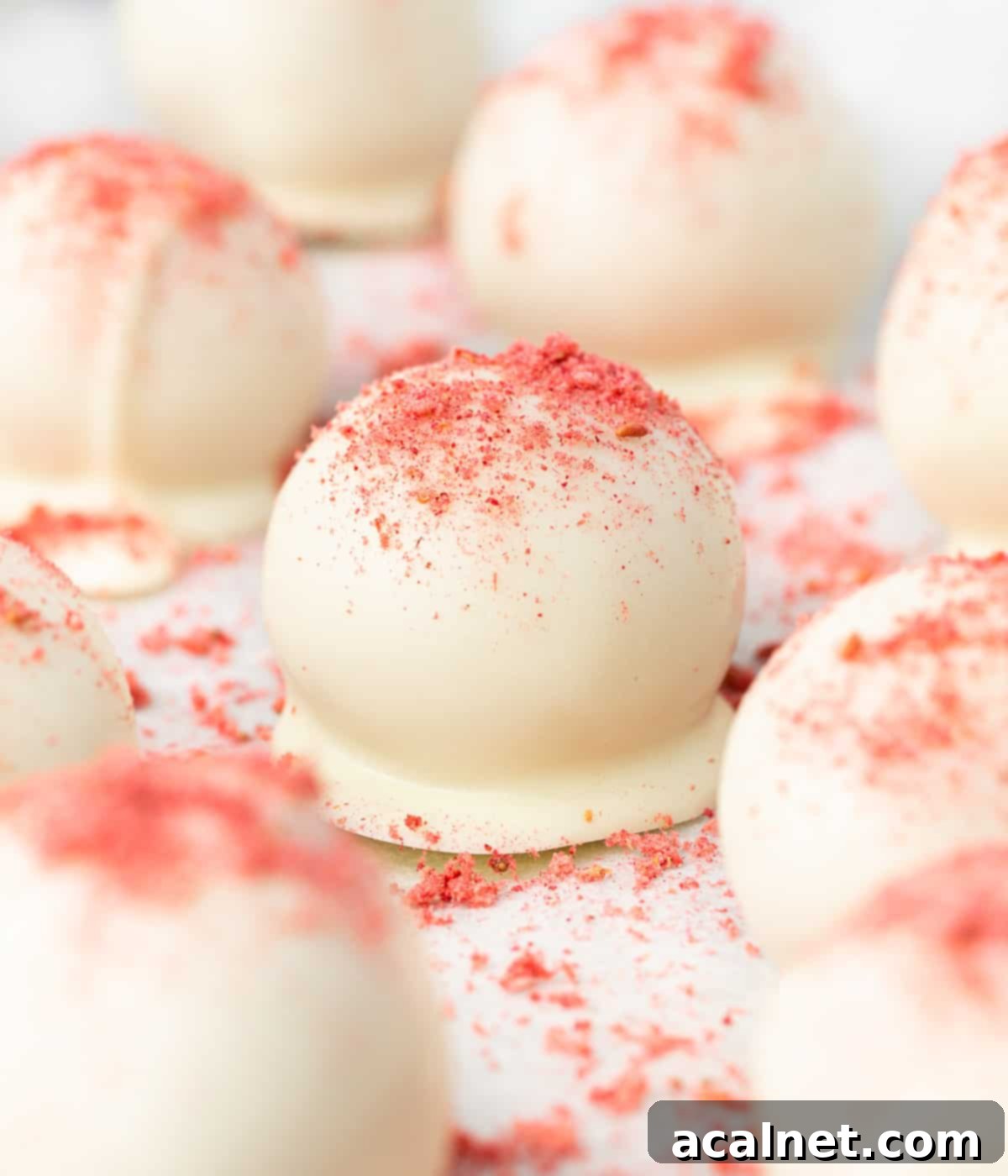 Freshly dipped White Chocolate Strawberry Truffles, adorned with a delicate sprinkle of strawberry powder, neatly arranged on a parchment-lined baking tray.