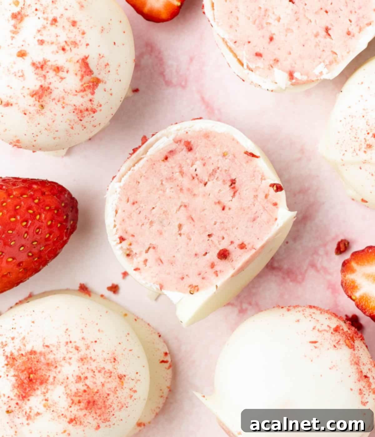 A White Chocolate Strawberry Truffle elegantly sliced in half, revealing its vibrant pink strawberry ganache interior, beautifully presented on a pink marble surface from a top-down view.