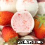 A perfectly halved White Chocolate Strawberry Truffle showcasing its vibrant pink interior, sitting gracefully on a bed of fresh strawberries with other whole truffles in the background.