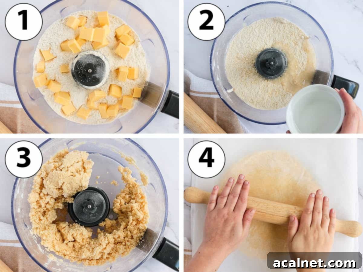 A step-by-step collage showing the process of making galette pastry: first, dry ingredients are pulsed in a food processor, then cold butter is added and mixed until crumbly. Next, cold water is slowly incorporated until a rough dough forms, which is then gathered and rolled between baking paper.