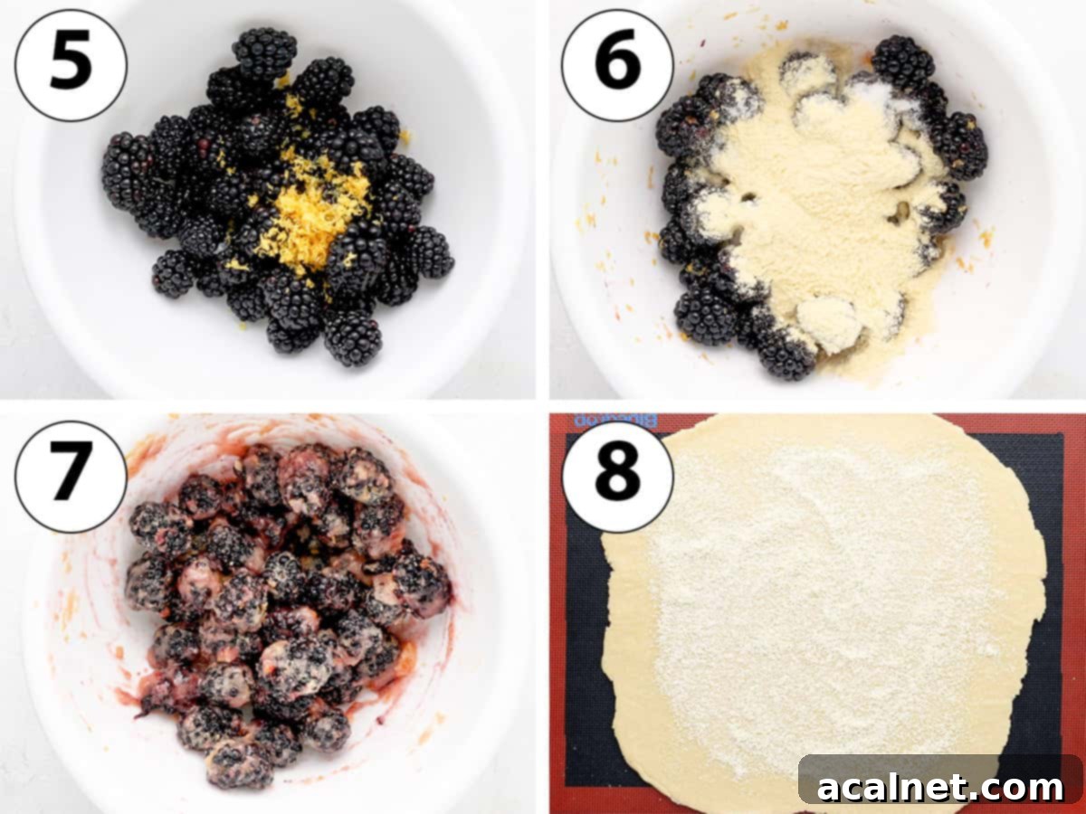 A step-by-step collage illustrating the blackberry tart filling preparation: first, fresh blackberries are tossed with lemon zest and juice in a large bowl. Then, cornstarch and sugar are added to the berries, followed by a gentle toss to ensure even coating. Finally, a layer of almond meal is spread over the chilled pastry on a baking sheet, ready for the fruit.