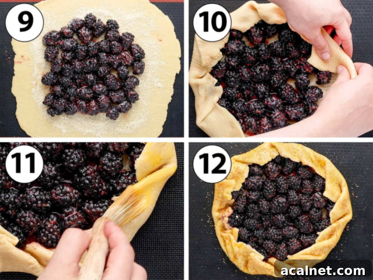 A step-by-step collage demonstrating the assembly of a blackberry tart: first, the blackberry filling is spooned onto the almond-dusted pastry crust. Second, the edges of the pastry are gently folded over the filling. Third, an egg wash is brushed onto the folded crust. Finally, raw sugar is sprinkled over the egg-washed crust for a glistening finish before baking.