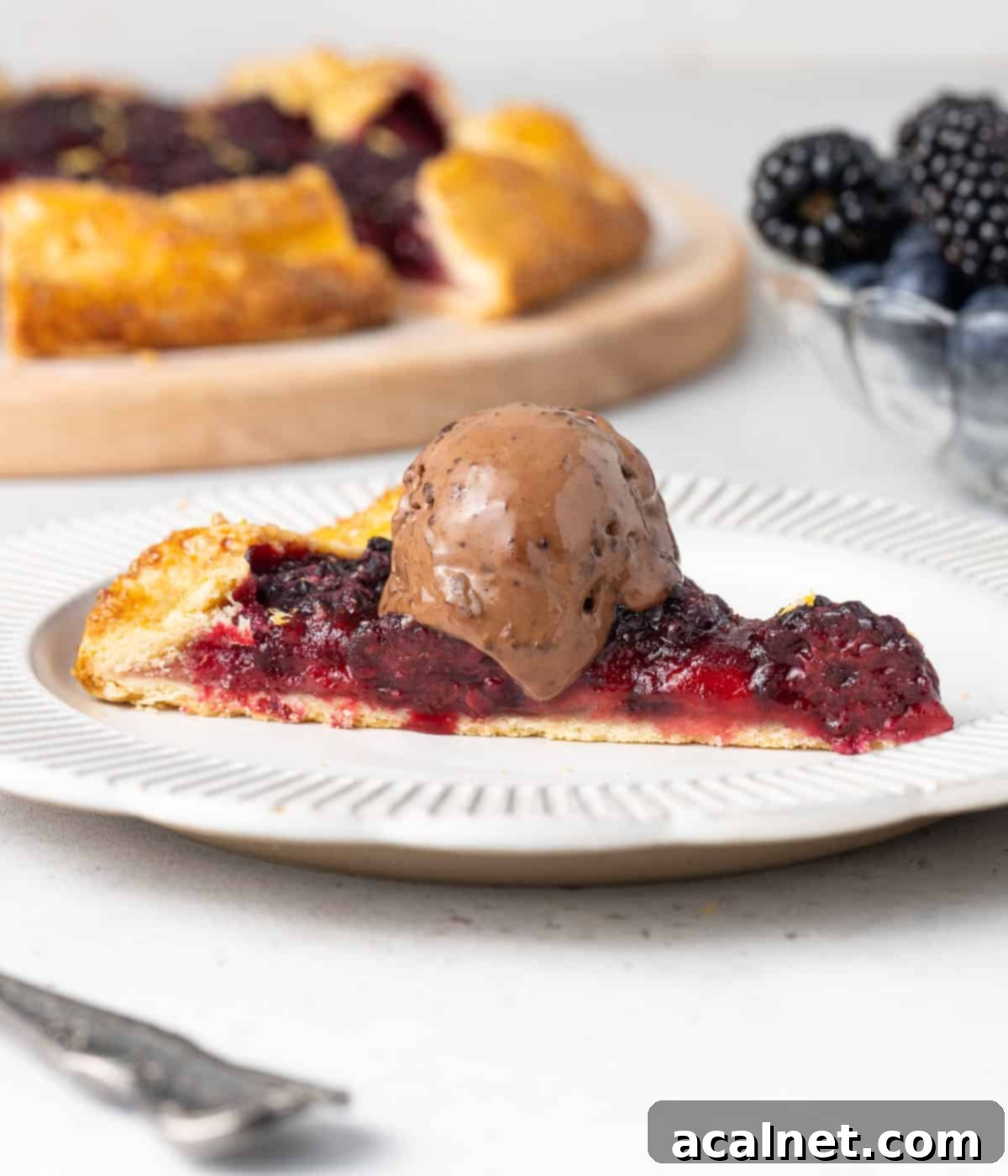 A single slice of blackberry galette presented on a small white plate, elegantly topped with a scoop of melting chocolate ice cream.