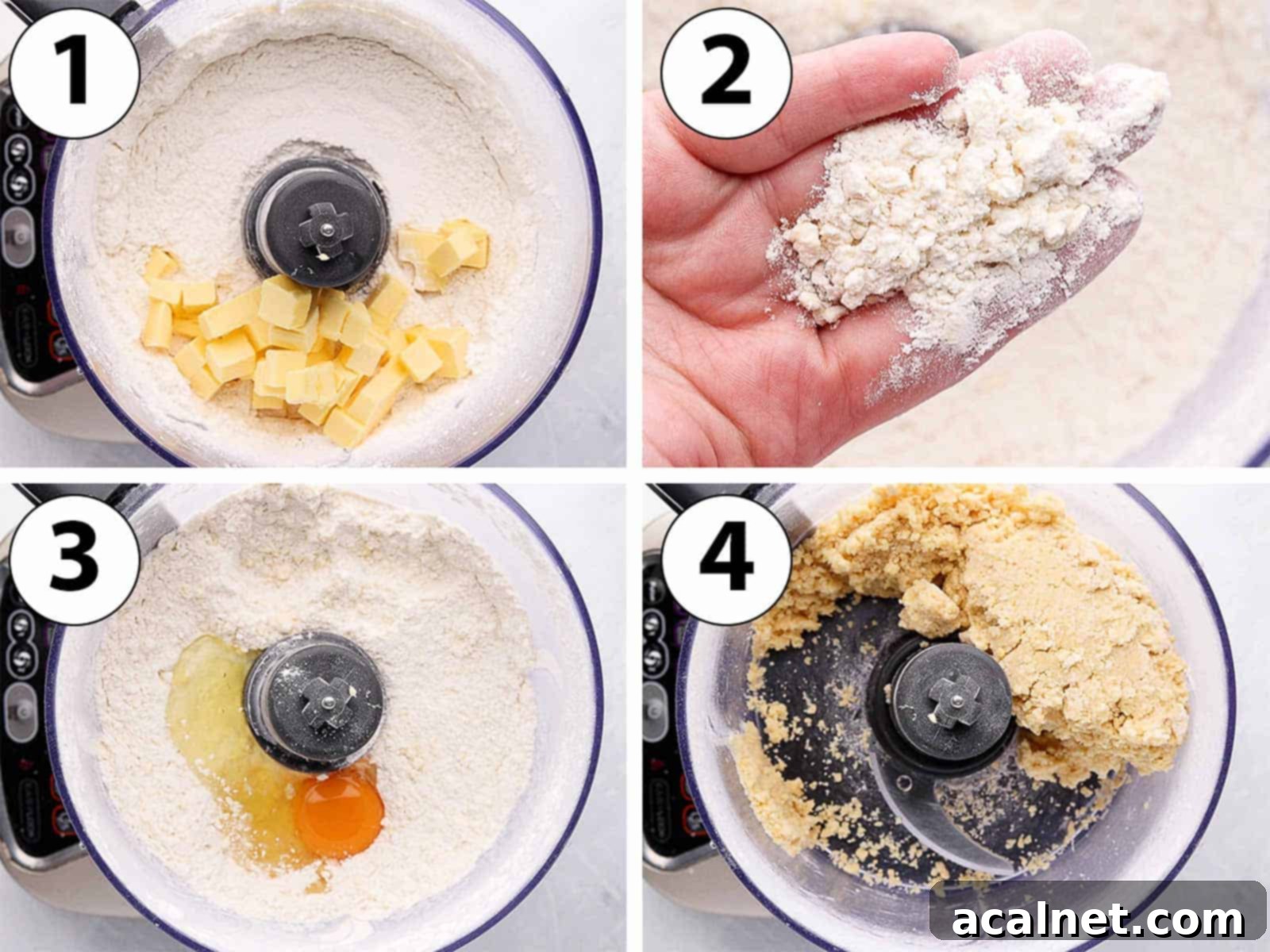 Process Shot Collage: mixing the ingredients to make the tartlet pastry in a food processor.