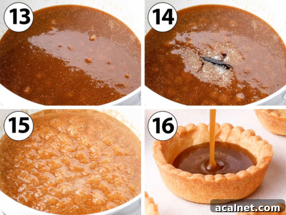 Process Shot Collage: adding the salt and vanilla, cooking the sauce an pouring it into baked tartlet shells.