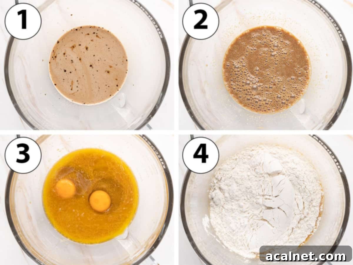 Process Shot Collage: Mixing the dough ingredients in the bowl of the mixer for coffee cinnamon rolls.