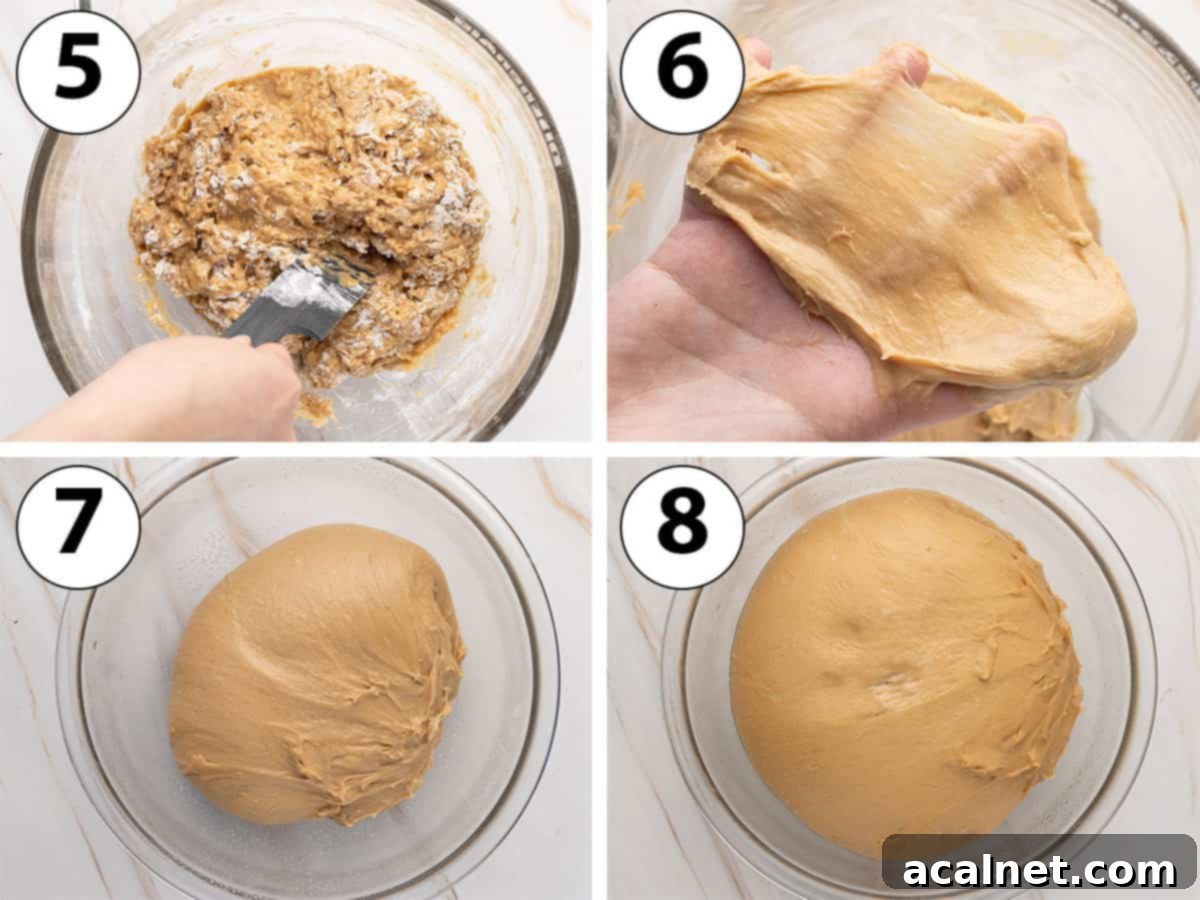 Process Shot Collage: kneading and proofing the dough in a large glass bowl, showing its transformation.