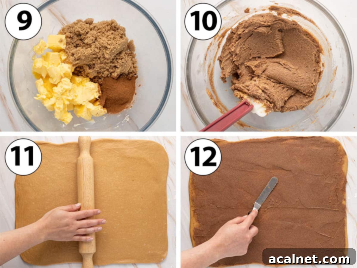 Process Shot Collage: making the cinnamon filling, rolling the dough into a rectangle and spreading the filling over it.