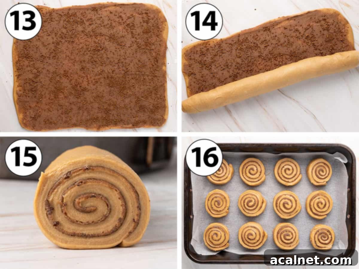 Process Shot Collage: adding coffee granules over the filling, rolling and cutting out the dough into perfect rolls.