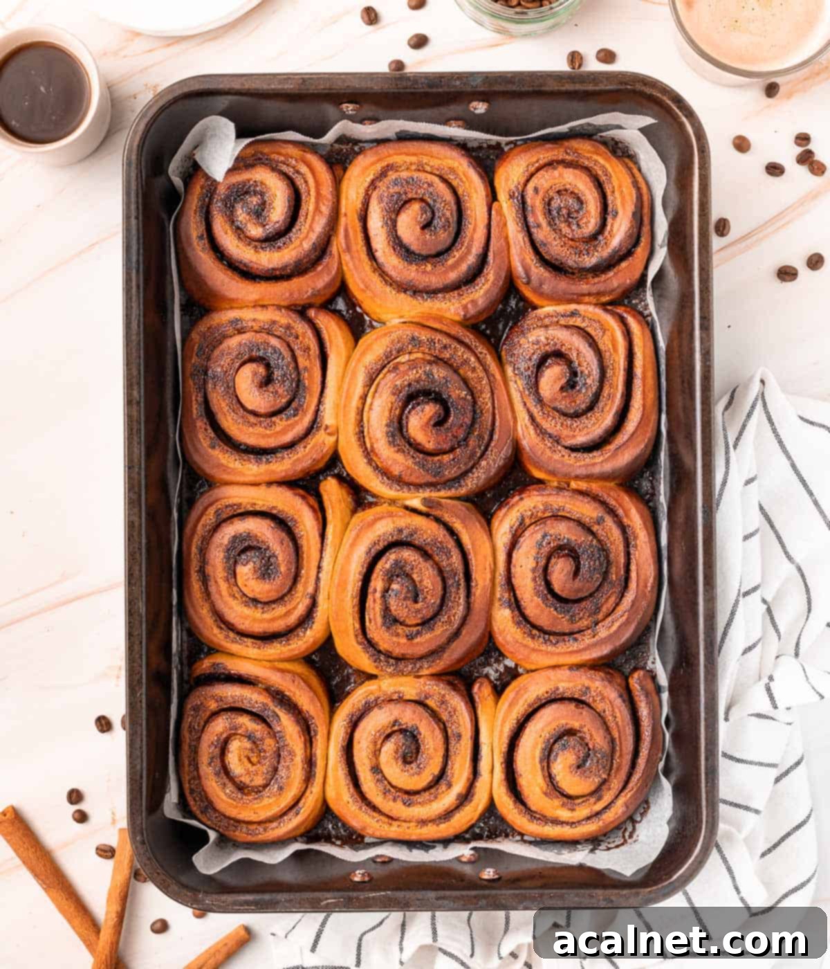 Baked rolls in the roasting tray seen from above, showcasing their golden tops and perfect spirals.