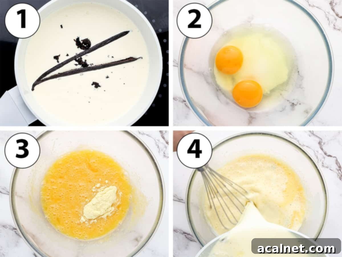 Effortless Vanilla Mousse Delights 4 Process Shot Collage: heating up cream & vanilla, mixing eggs, sugar & cornstarch and combining the two mixtures.