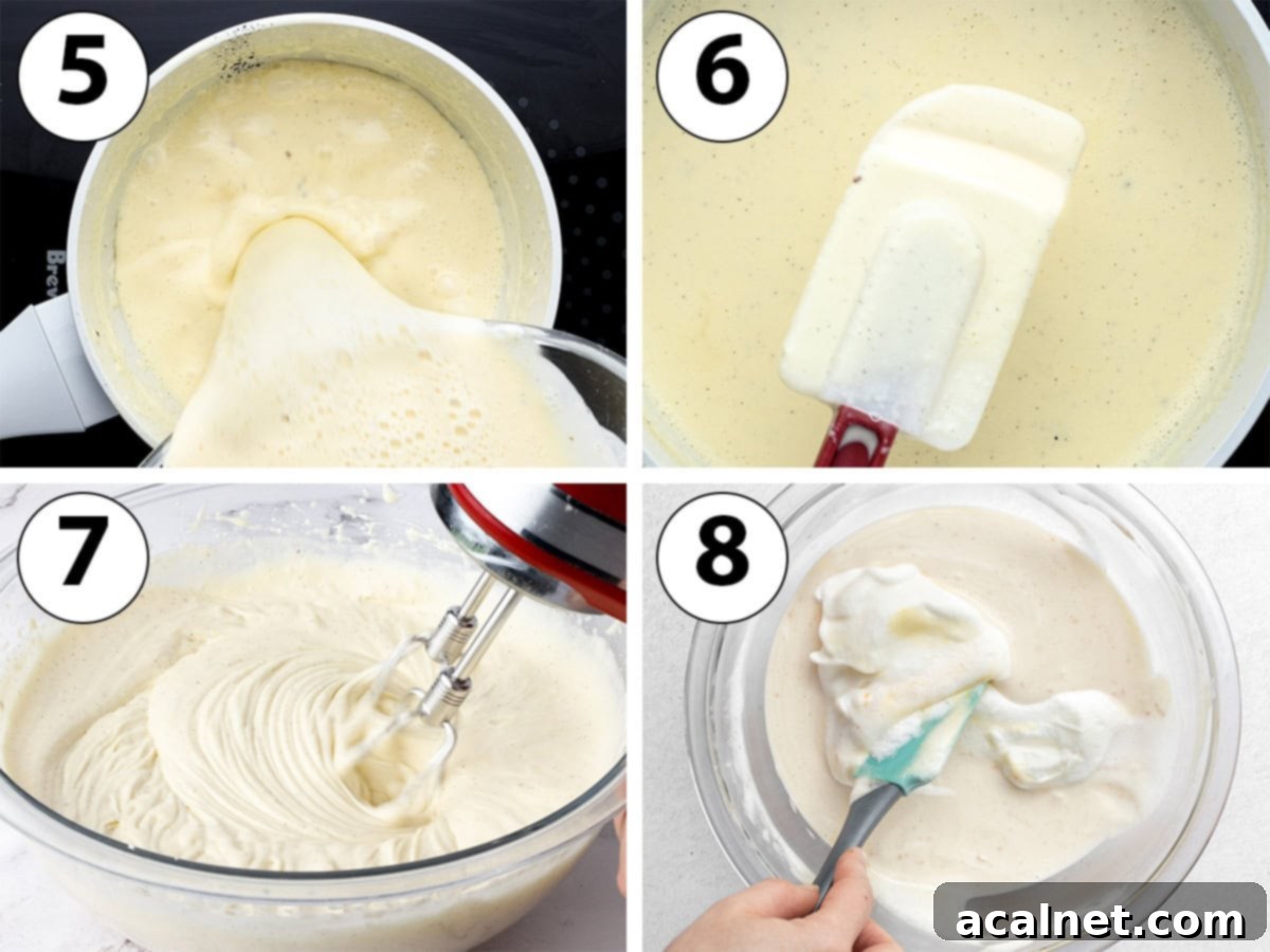 Effortless Vanilla Mousse Delights 5 Process shot collage: cooking the custard on the stove, whipping the cream and folding it into the cold custard.