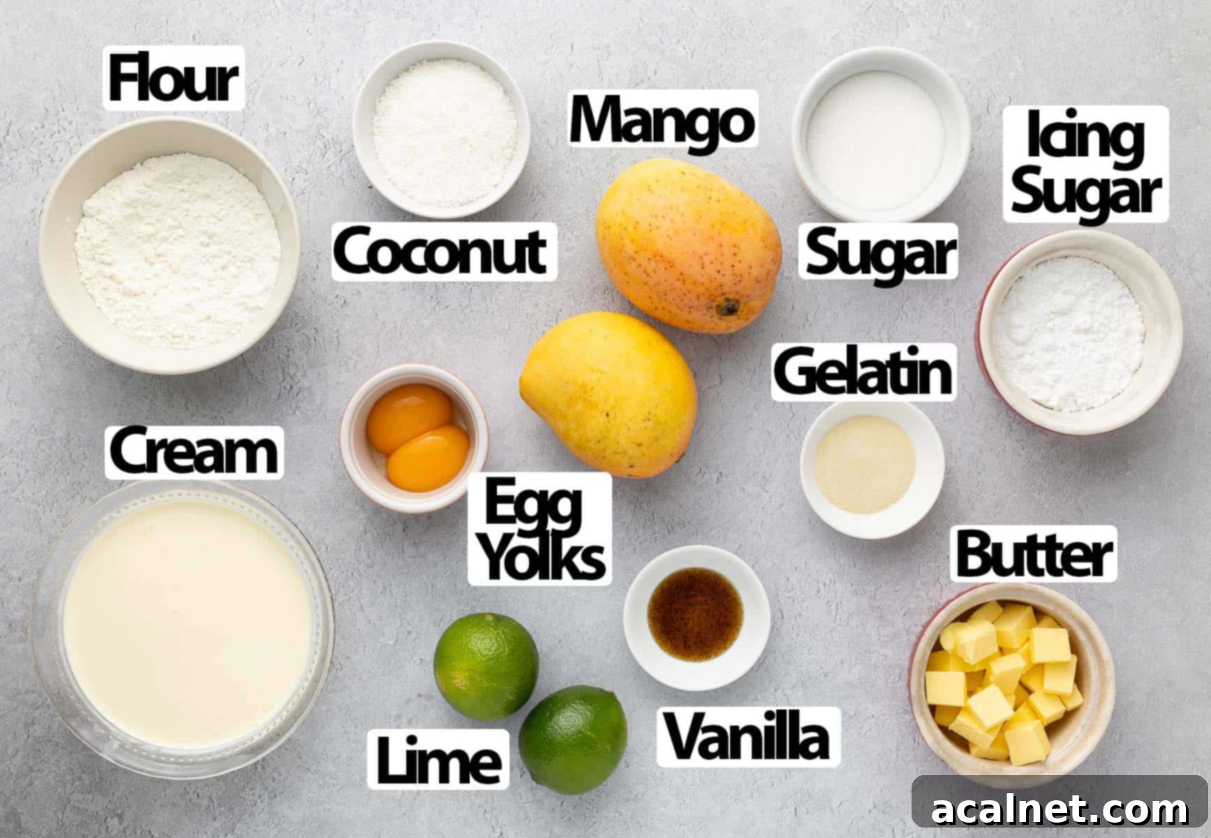 Tropical Mango Mousse Cake 3 A curated selection of fresh ingredients, including mangoes, limes, and baking staples, neatly arranged on a grey surface.