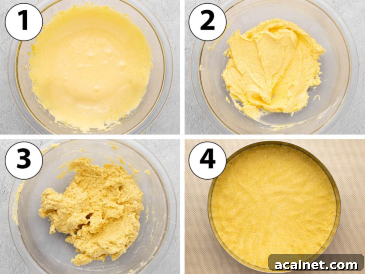 Tropical Mango Mousse Cake 4 A process shot collage showing the steps for making the sablé dough and pressing it into a cake ring.