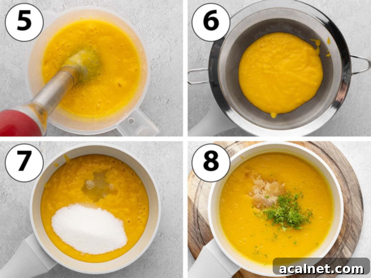 Tropical Mango Mousse Cake 5 A process shot collage demonstrating mixing mousse ingredients, heating, and incorporating gelatin and lime zest.