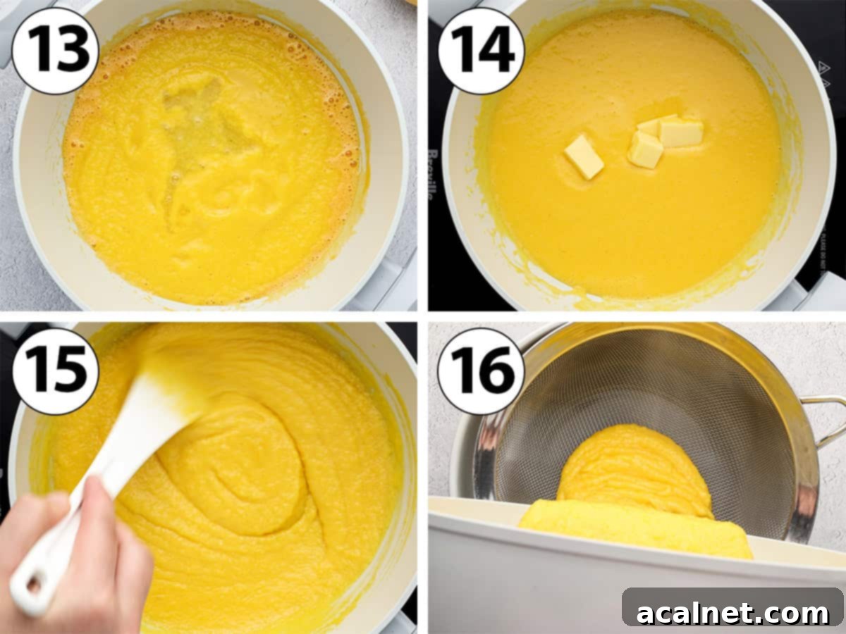Tropical Mango Mousse Cake 7 A process shot collage illustrating the cooking and sieving of mango curd in a saucepan.