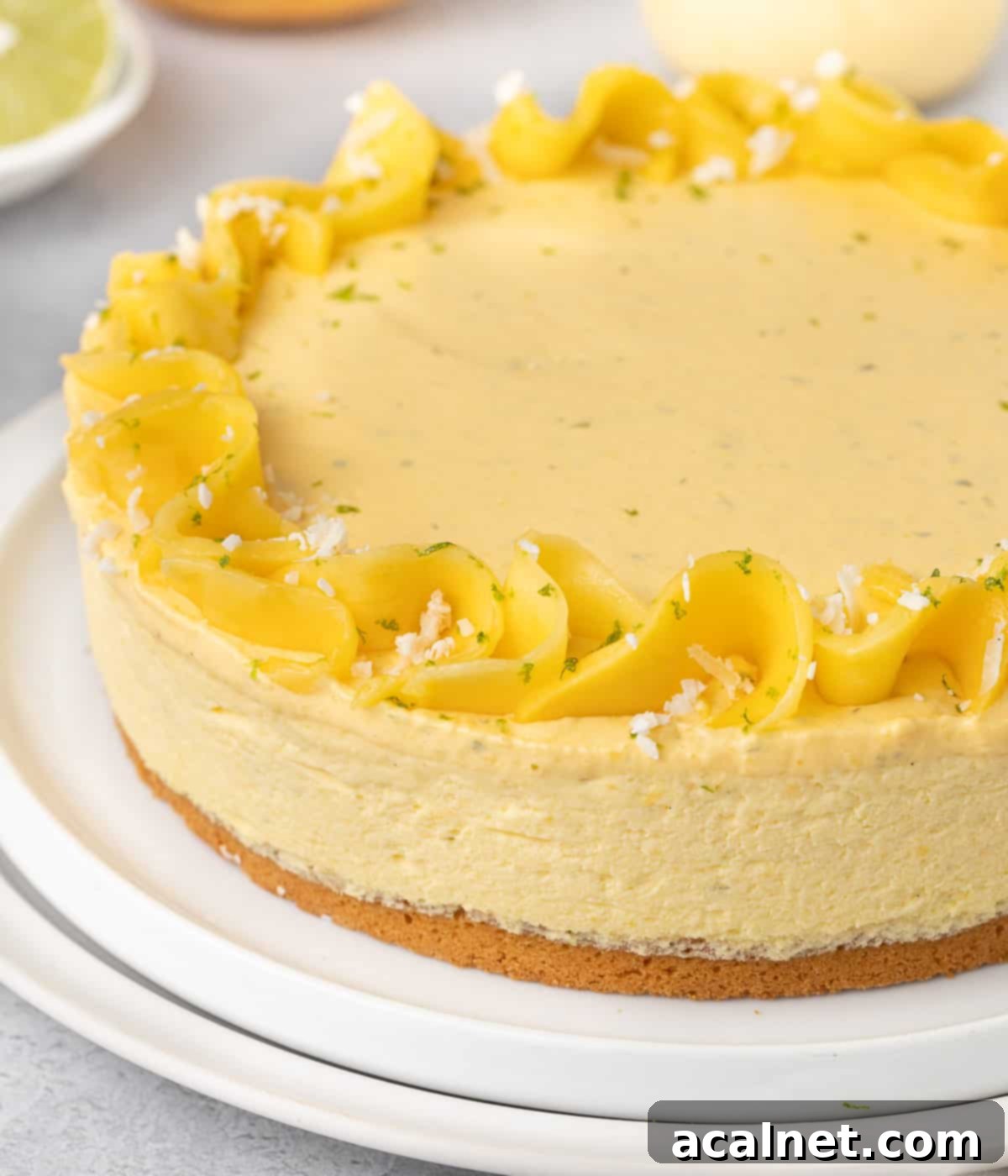 Tropical Mango Mousse Cake 9 A close-up shot of the side of the mango mousse cake, showcasing its beautifully defined layers and smooth texture.