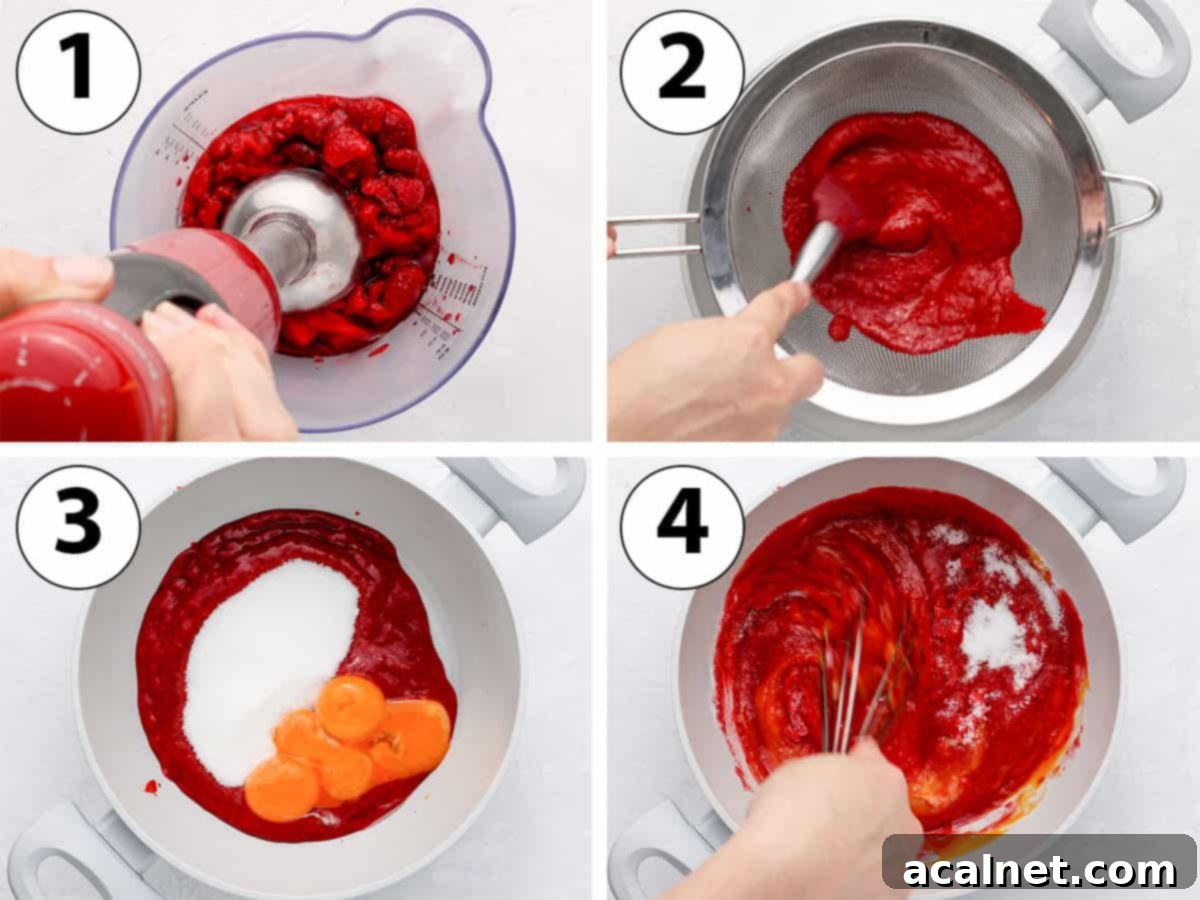 Process Shot Collage: blending raspberries, straining the puree, and mixing in egg yolks and sugar for the curd.