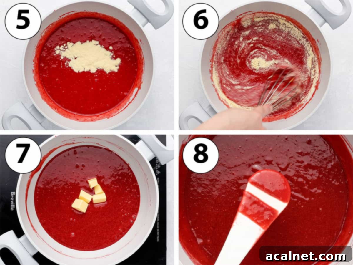 Process Shot Collage: optionally adding cornstarch, cooking the curd on the stove, adding butter, and stirring until thick and ready.