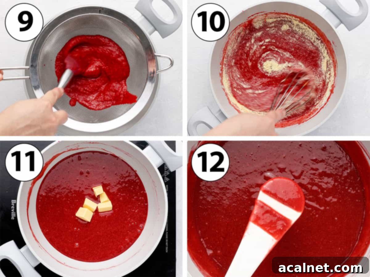 Process shot collage: cooking the raspberry curd in a saucepan.