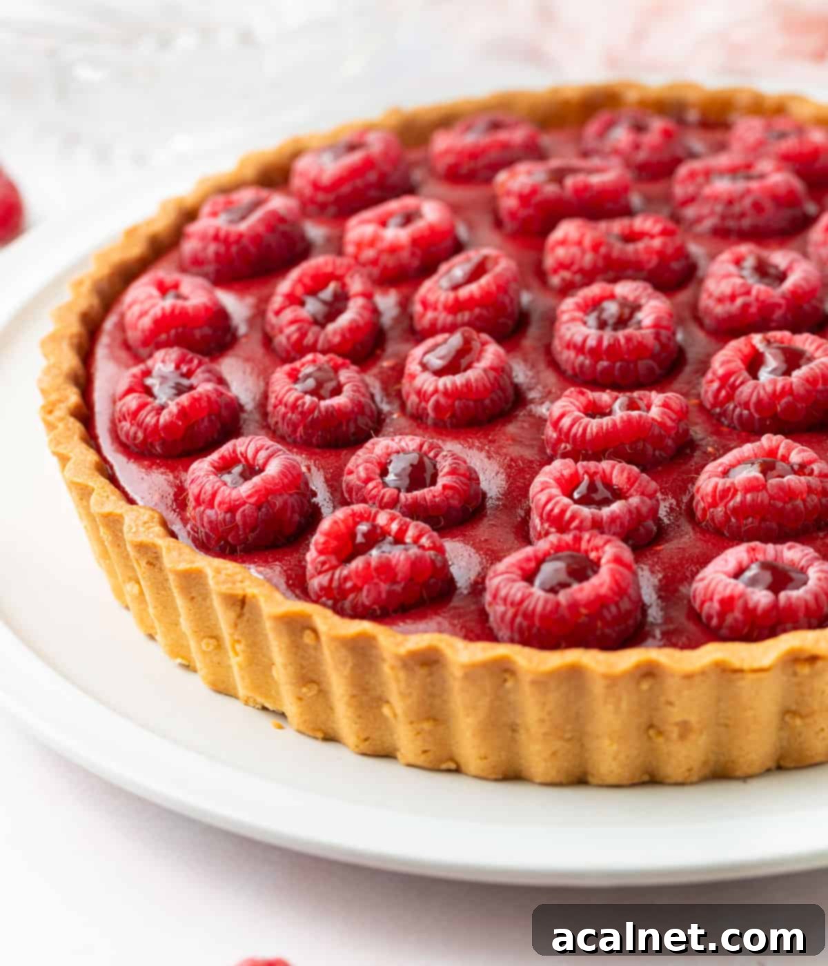 Close up on the sweet shortcrust pastry crust and the raspberry filling, seen from a 45 degrees angle.