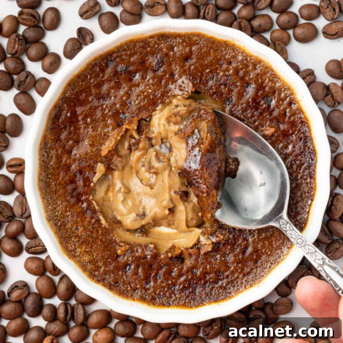 Creme brulee seen from above with a spoon dipping in.